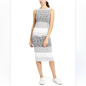 Athleta Comeback Tank Midi Dress Ruched Cinched Sides Striped White/Black 1X